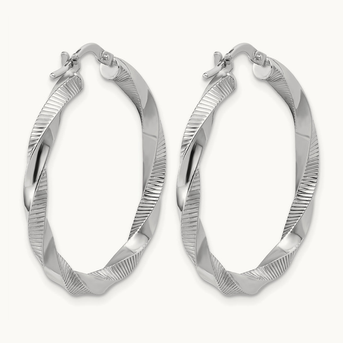 Rhodium-plated Twisted Textured Hoop Earrings — 33mm