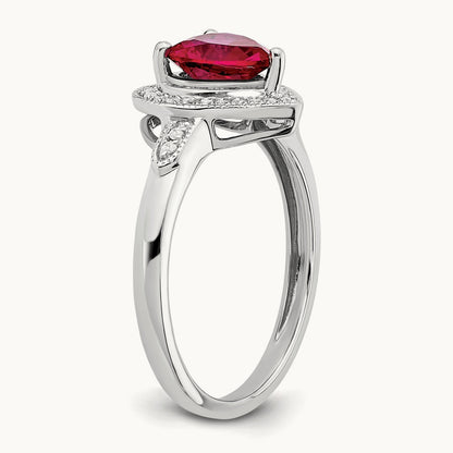 Heart Created Ruby and Diamond Halo Ring, 14K White Gold
