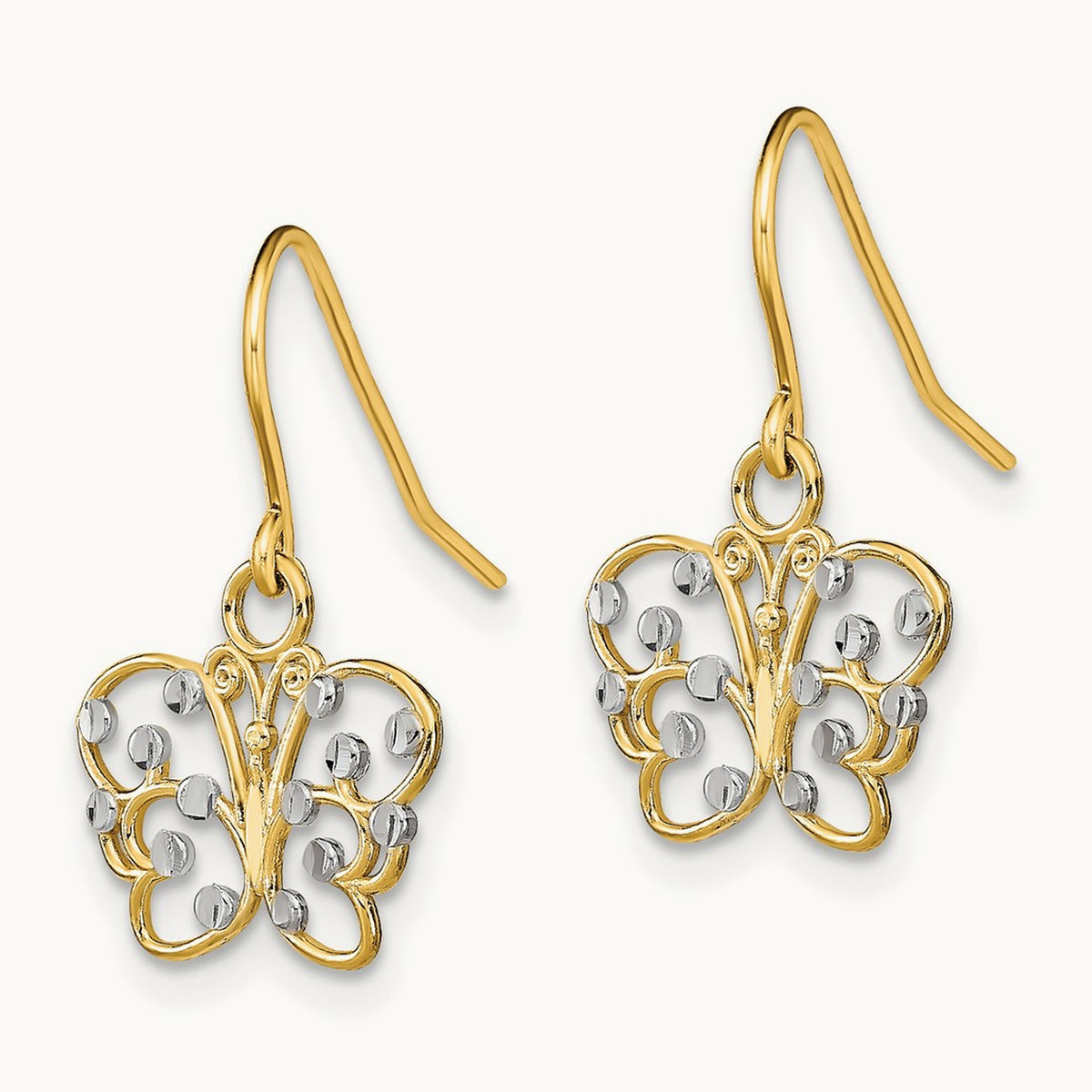 w/ Rhodium D/C Butterfly Wire Earrings, 14K