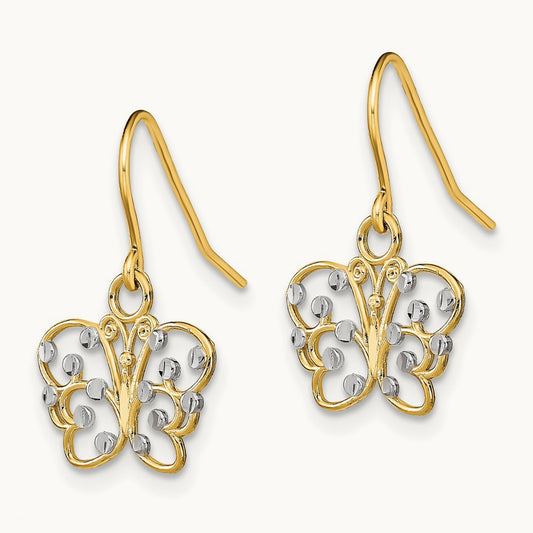w/ Rhodium D/C Butterfly Wire Earrings, 14K