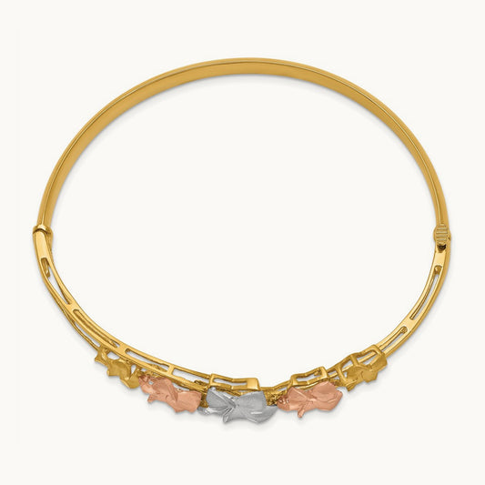 Tri-color Plumeria Hinged Bangle, 14K