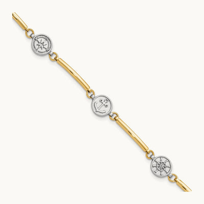 Polished Compass and Anchor w/ 1in ext. Bracelet, 14K Two-tone