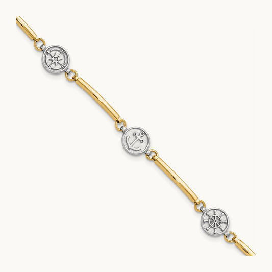 Polished Compass and Anchor w/ 1in ext. Bracelet, 14K Two-tone