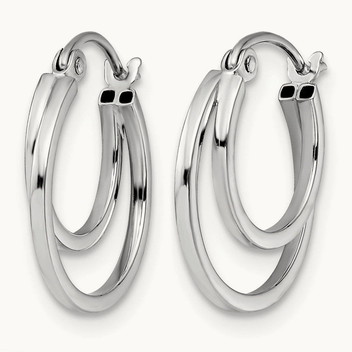 Polished 2 Row Stacked Round Hoop Earrings — 14K White Gold
