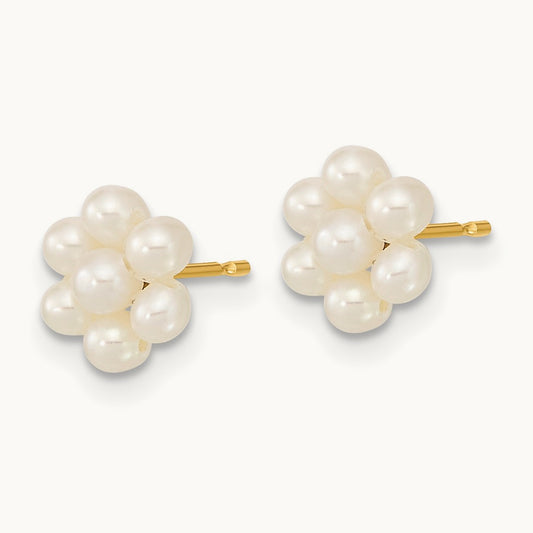 2- White Button Freshwater Cultured Pearl Flower Earrings, 3mm, 14K