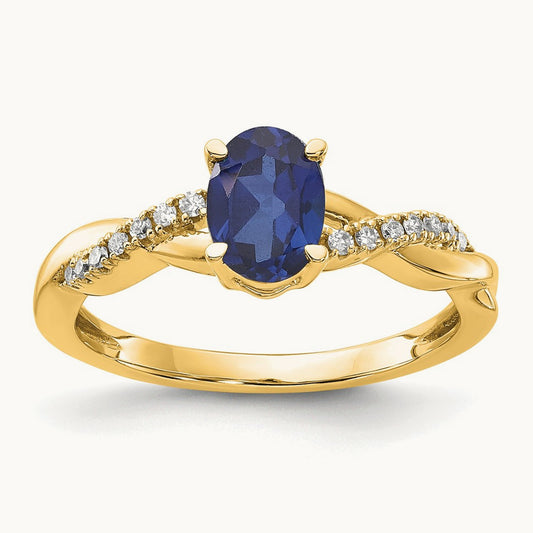 Oval Created Sapphire and Lab-Grown Diamond Ring — 14K Yellow Gold, 7