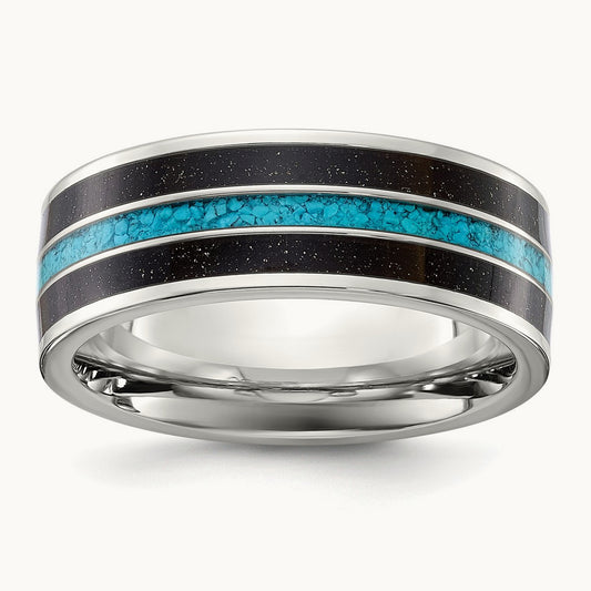 Polished with Turquoise/Black Star Sandstone Inlay Band, 8mm, Titanium