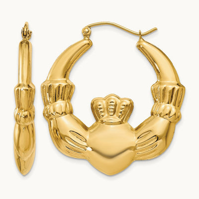 Polished Claddagh Hoop Earrings, 14K