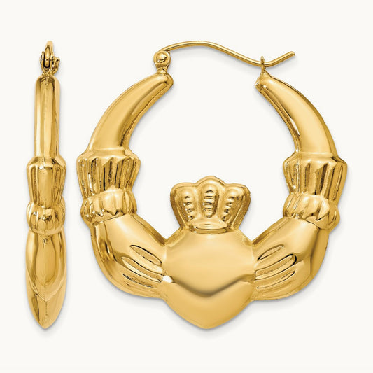 Polished Claddagh Hoop Earrings, 14K
