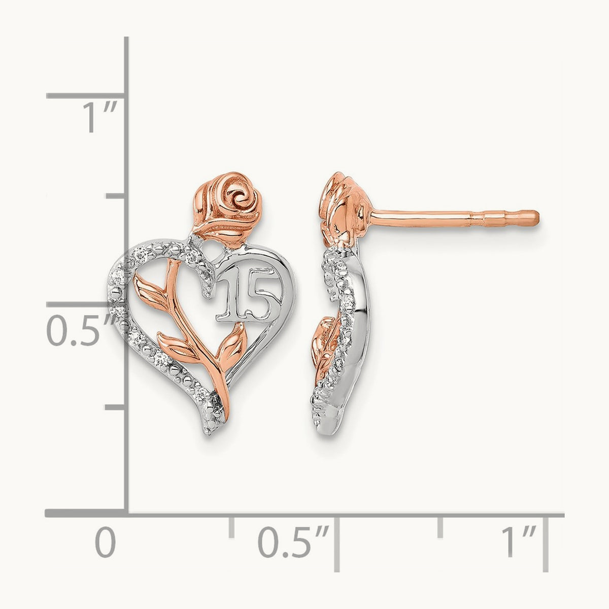 Diamond Quinceanera Heart Post Earrings, 14K White with Rose Gold