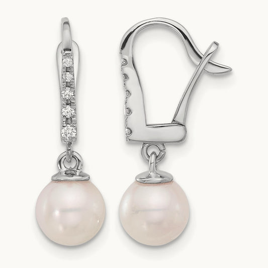 6- Rnd Wht Akoya Pearl and .085ct Dia Dangle Earrings, 7mm, 14K White Gold