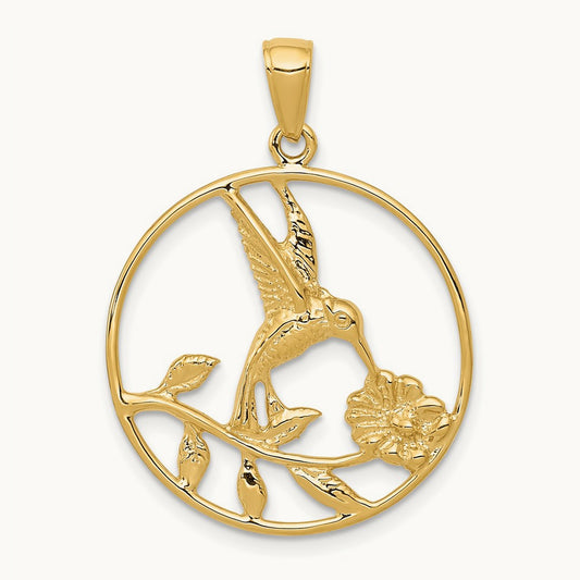 Hummingbird in Round Frame Pendant, 14K