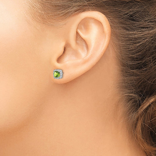 Cushion Peridot and Diamond Halo Earrings — 7.8mm
