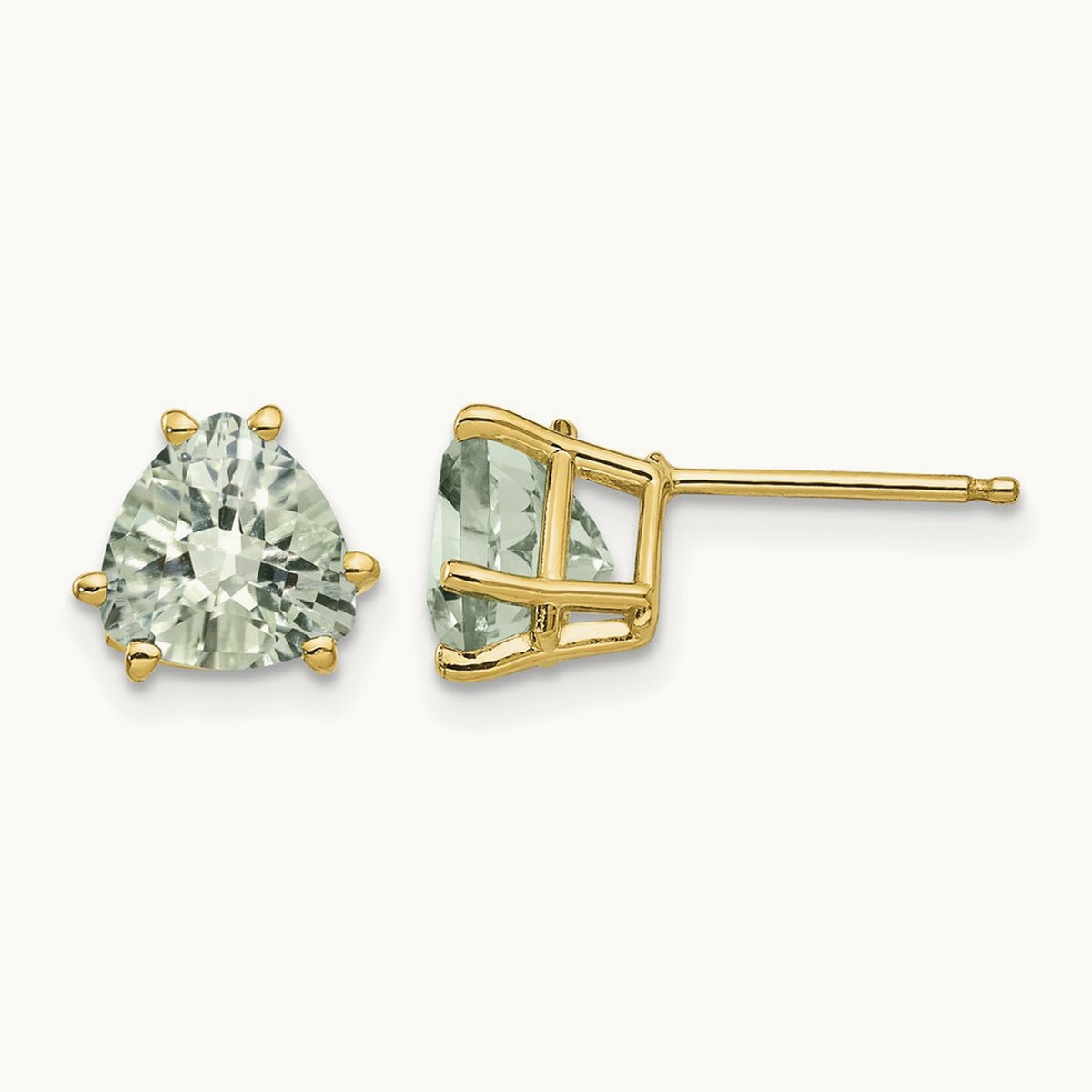 Trillion Checker-Cut Green Quartz Earrings, 7mm, 14K