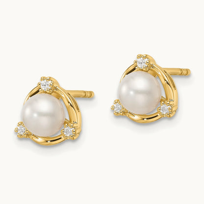 5.50 Mm Freshwater Cultured Pearl Post Earrings, 0.10 ct tw Lab-Grown Diamond