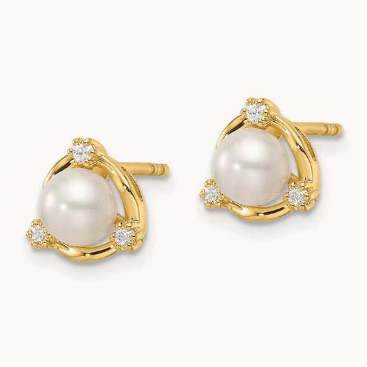 5.50 Mm Freshwater Cultured Pearl Post Earrings, 0.10 ct tw Lab-Grown Diamond
