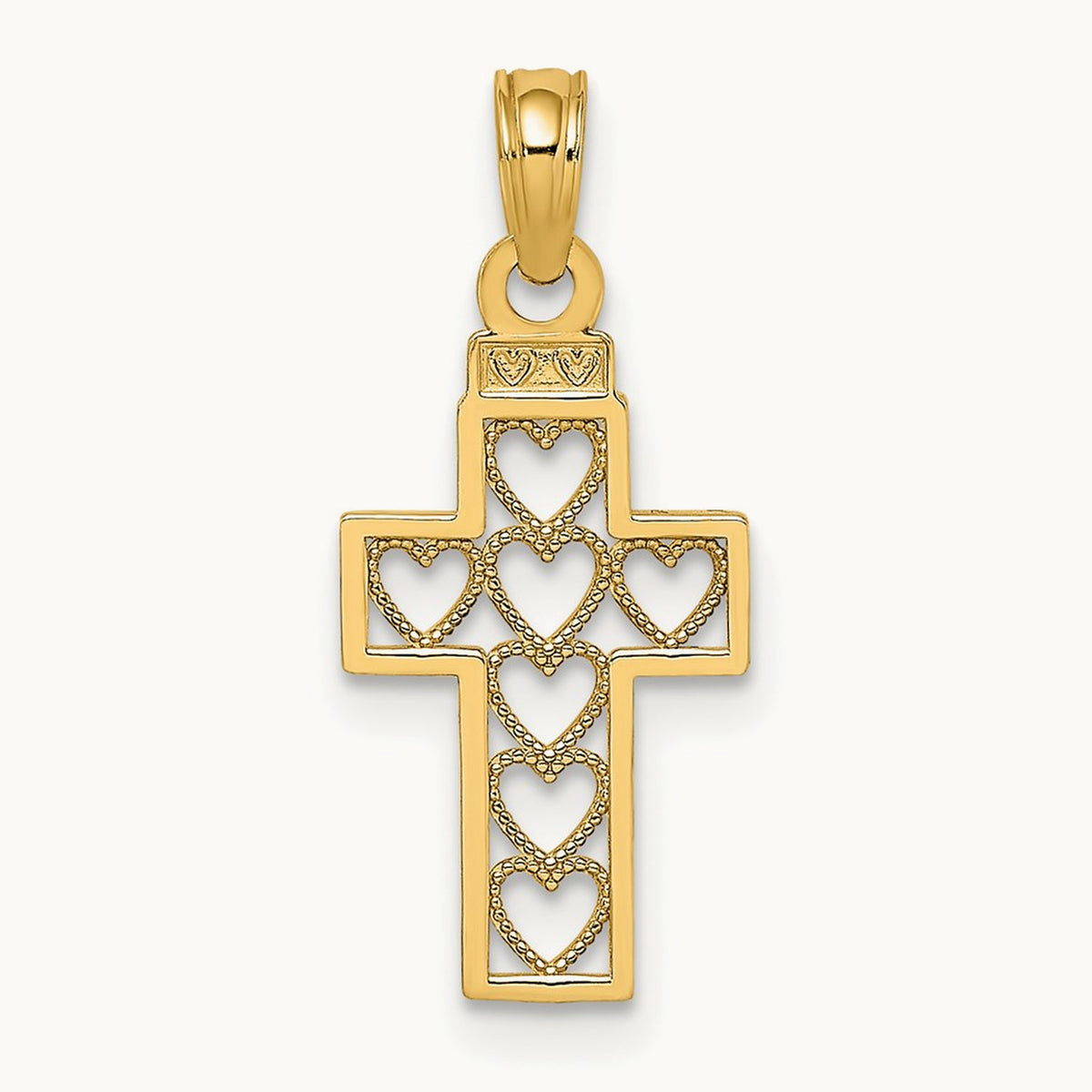 Cut-Out Heart Design Cross Charm, 14K
