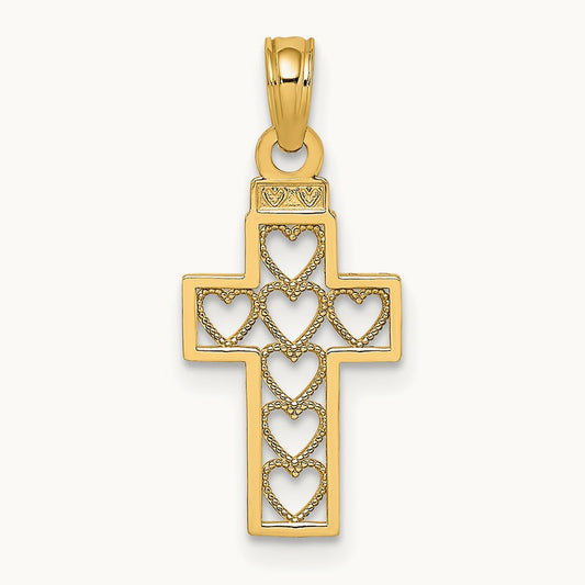 Cut-Out Heart Design Cross Charm, 14K