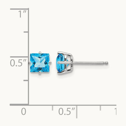 Princess Cut Blue Topaz Earrings, 5mm, 14K White Gold