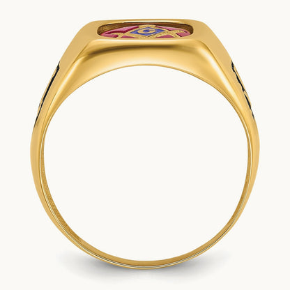Men's Textured w/ Black Enamel & Lab Cr. Ruby Masonic Ring, 14K