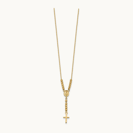 Polished D/C Bead Miraculous Medal and Cross 17in Necklace, 14K