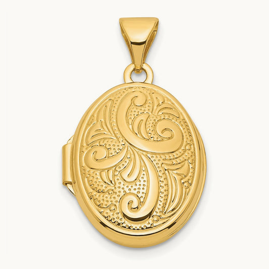 Swirl Design Oval Locket, 17mm, 14K Yellow Gold