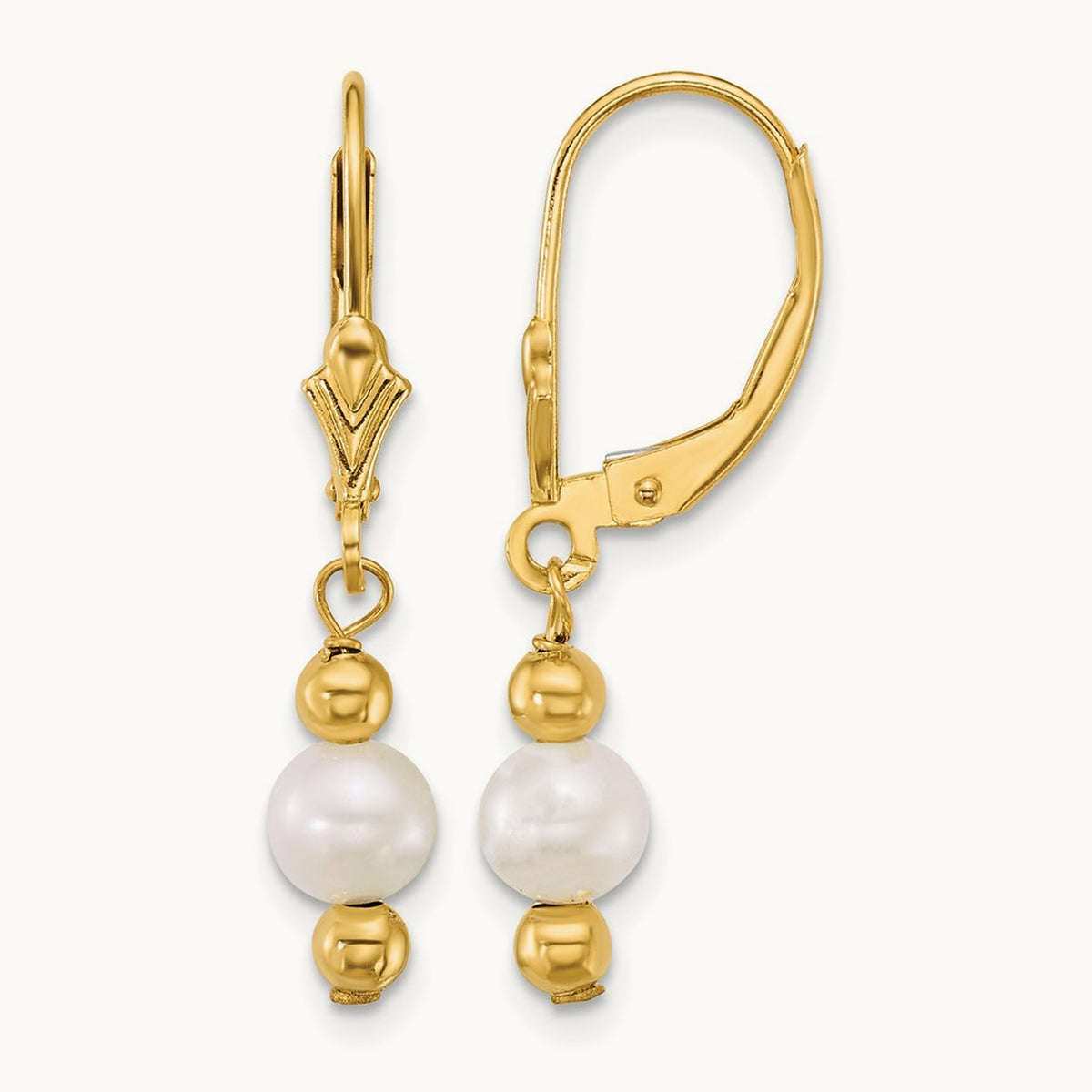 5- Round White Freshwater Cultured Pearl Dangle Earrings, 6mm, 14K