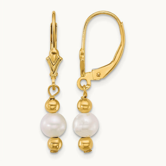 5- Round White Freshwater Cultured Pearl Dangle Earrings, 6mm, 14K