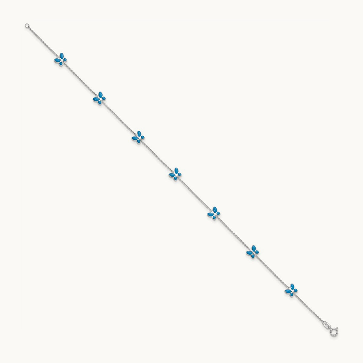 Blue Enameled Butterfly 10inch Anklet, 14K White Gold