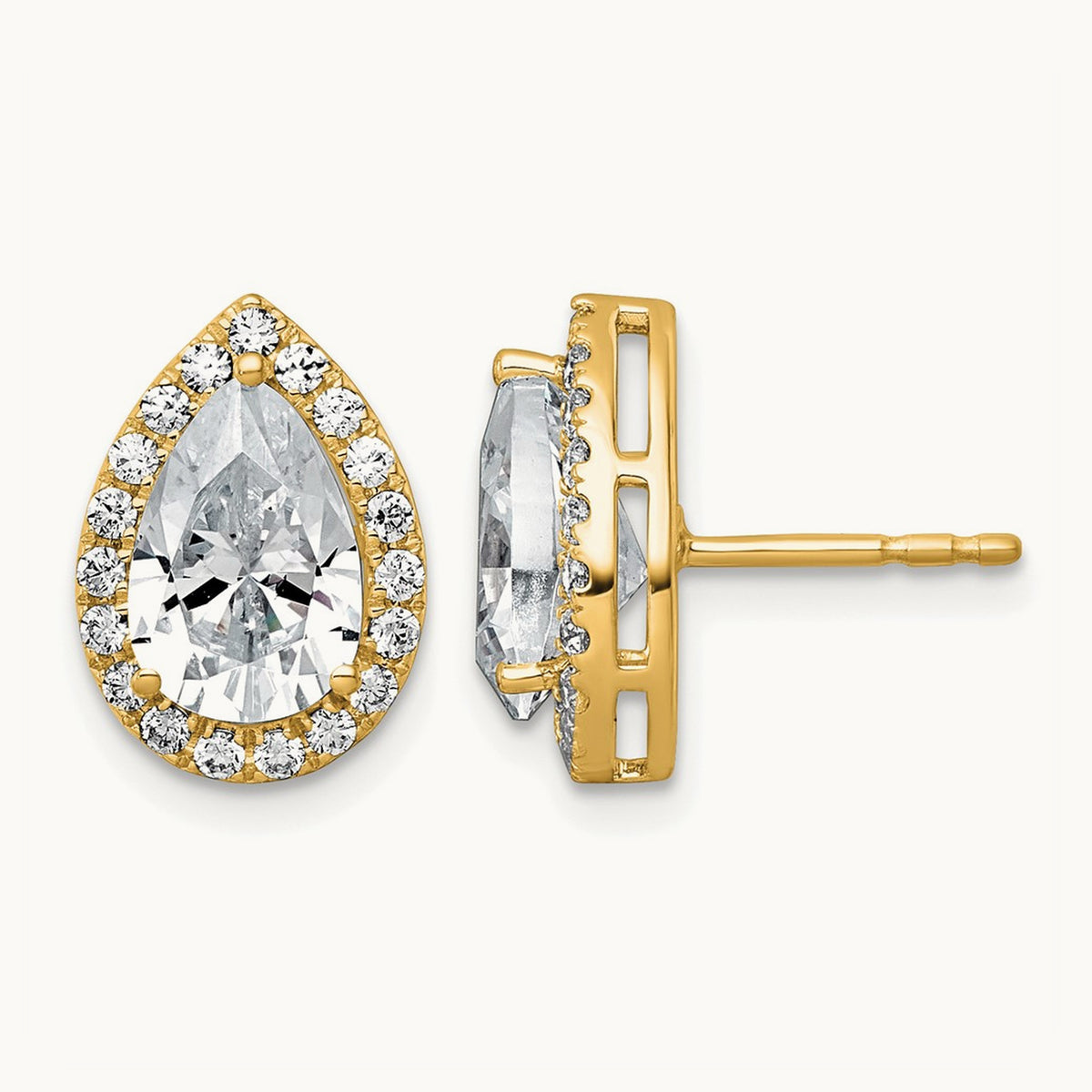 Pear Halo Post Earrings, 1.25-6.75 ct tw Lab-Grown Diamond — 3 1/2 ct, VS (Best), 14K Yellow Gold