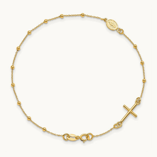 Polished Cross Rosary 7.5 inch Bracelet, 14K