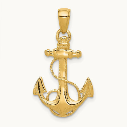 Solid Polished Anchor Pendant — 14K Yellow Gold, 27mm