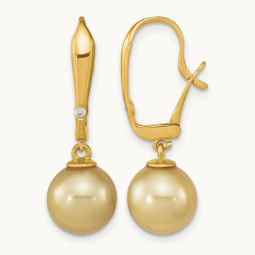 9- Round Golden Saltwater South Sea Pearl .02ct Dia. Earrings, 10mm, 14K