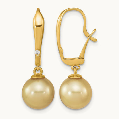 9- Round Golden Saltwater South Sea Pearl .02ct Dia. Earrings, 10mm, 14K