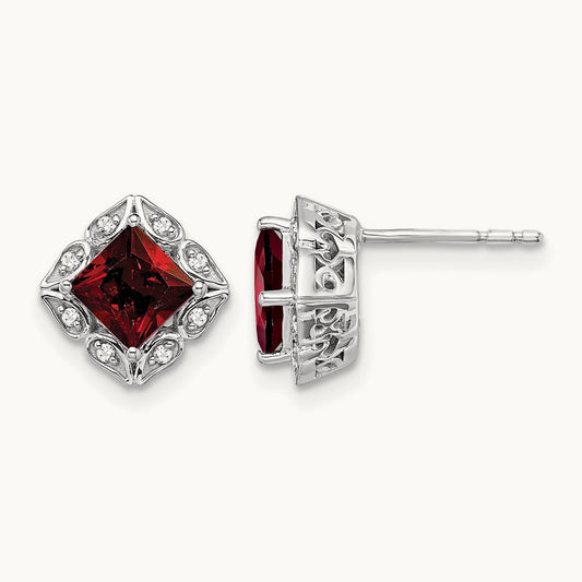 Square Garnet and Diamond Earrings, 14K White Gold
