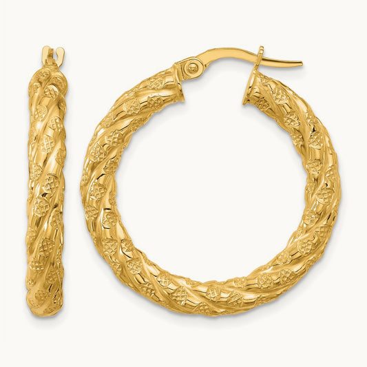 Polished and Textured Twisted Circle Hoop Earrings, 14K — Leslie's