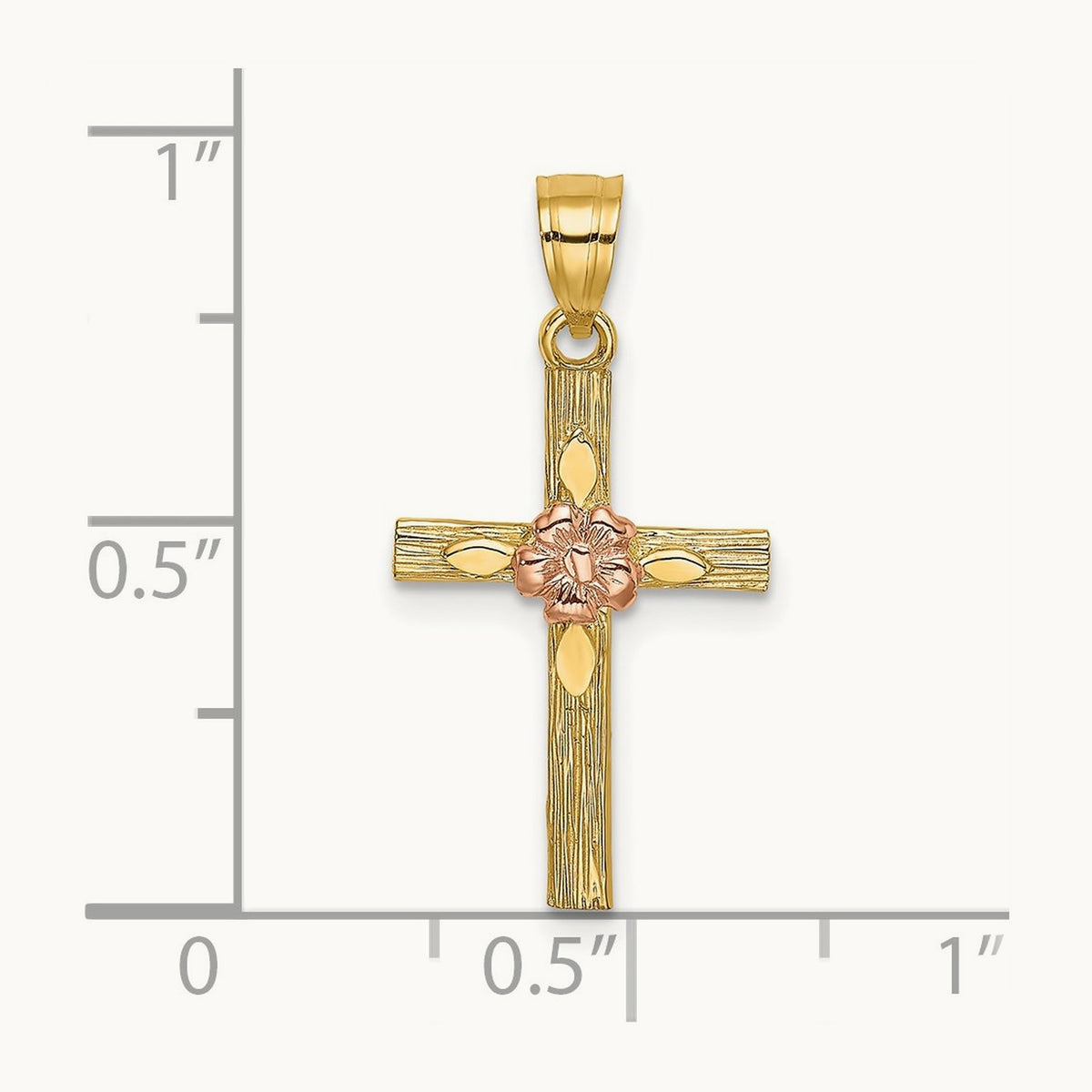 Textured Cross w/ Flower Charm, 14K Two-tone