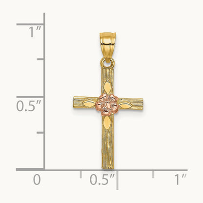 Textured Cross w/ Flower Charm, 14K Two-tone