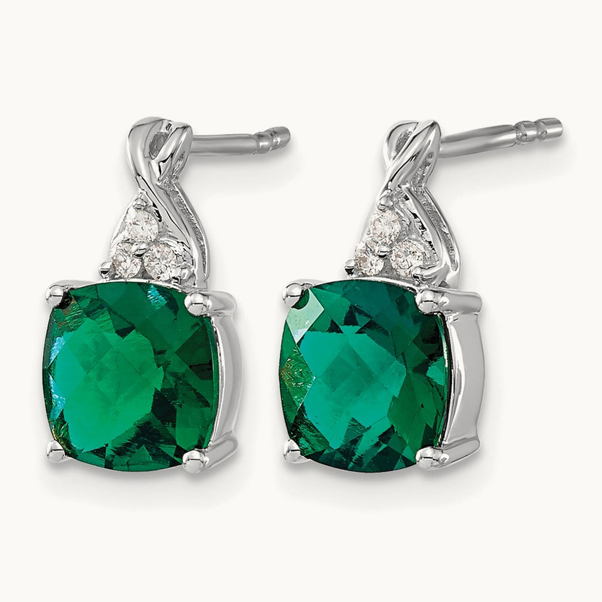 Checkerboard Created Emerald and Lab-Grown Diamond Earrings — 14K White Gold