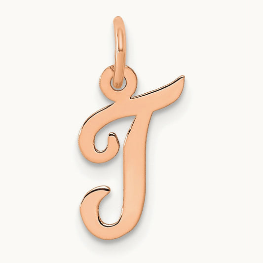 Small Script Letter T Initial Charm, 14K Rose Gold
