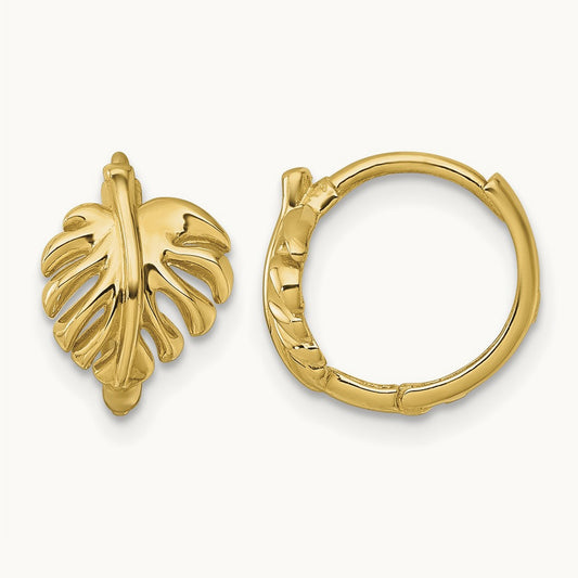 Polished Monstera Leaf Hinged Round Hoop Earrings, 14K