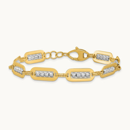 Polished Diamond-cut Bead 7.25 w/.5in ext. Bracelet, 14K Two-tone