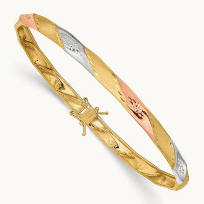 w/White and Rose Rhodium Polished Satin D/C Flex Bangle, 14K