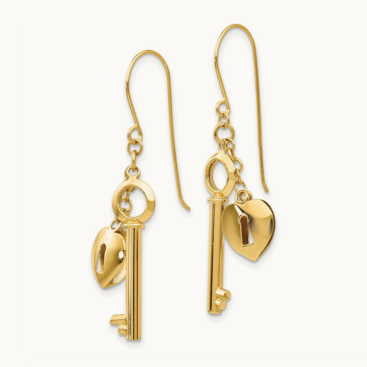Puff Heart Lock and Key Earrings, 14K Gold