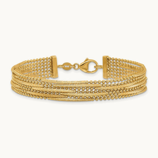 Polished and Textured Multi Strand 7.25in Bracelet, 14K