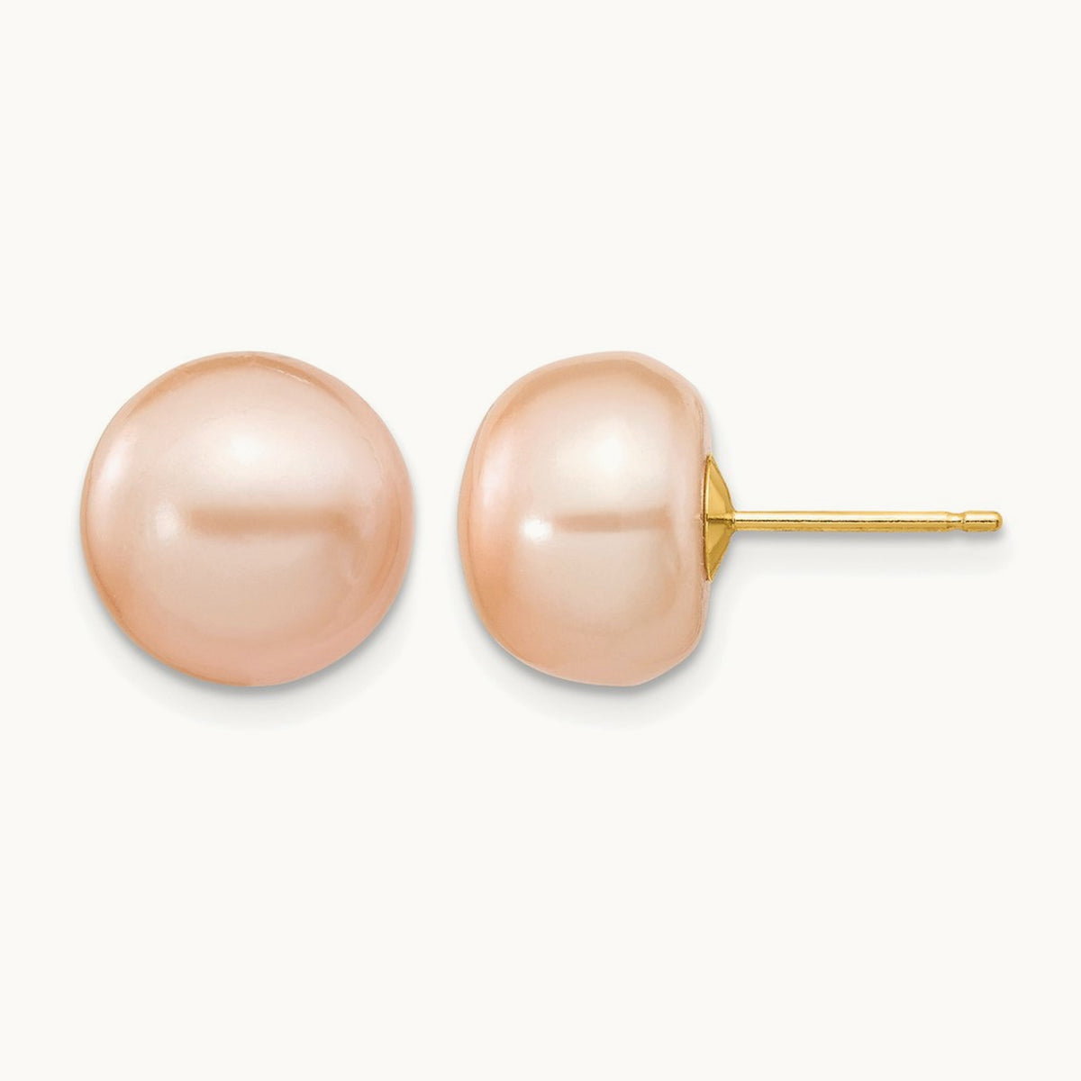 10- Pink Button FW Cultured Pearl Stud Post Earrings, 11mm, 14K