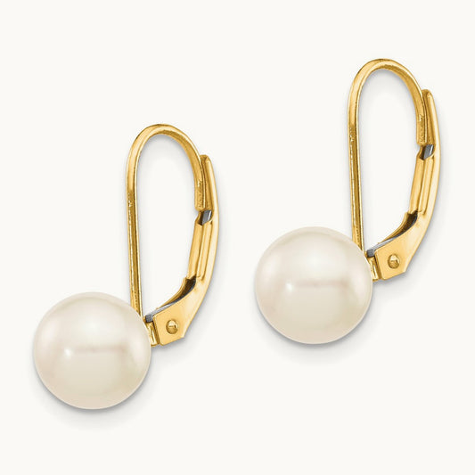7- White Round Saltwater Akoya Cultured Pearl Leverback Earrings, 8mm, 14K
