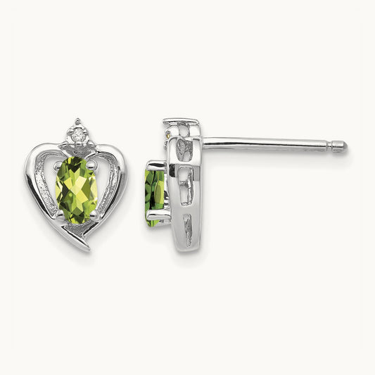 Peridot and Diamond Heart Post Earrings, 14K White Gold