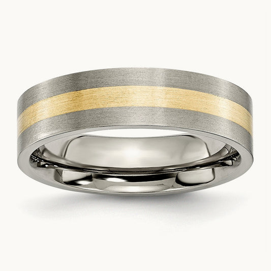 Brushed w/14k Yellow Inlay Flat Band, 6mm, Titanium