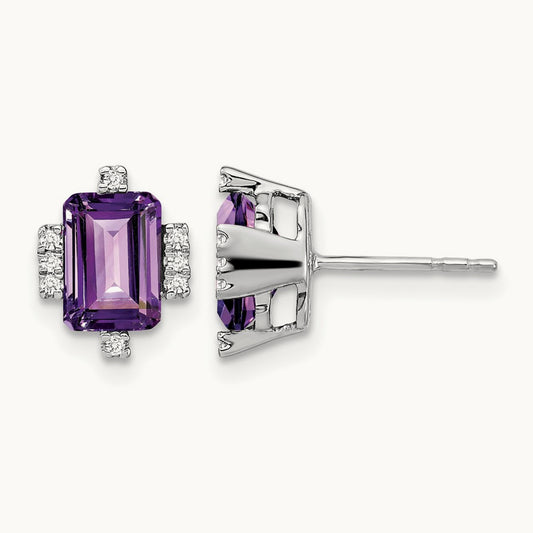 Emerald-shape Amethyst and Diamond Earrings, 14K White Gold